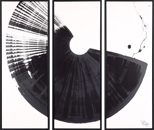 Tabitha Millett Brushstroke triptych, black sweeping arcs and fine lines across three white box canvas panels
