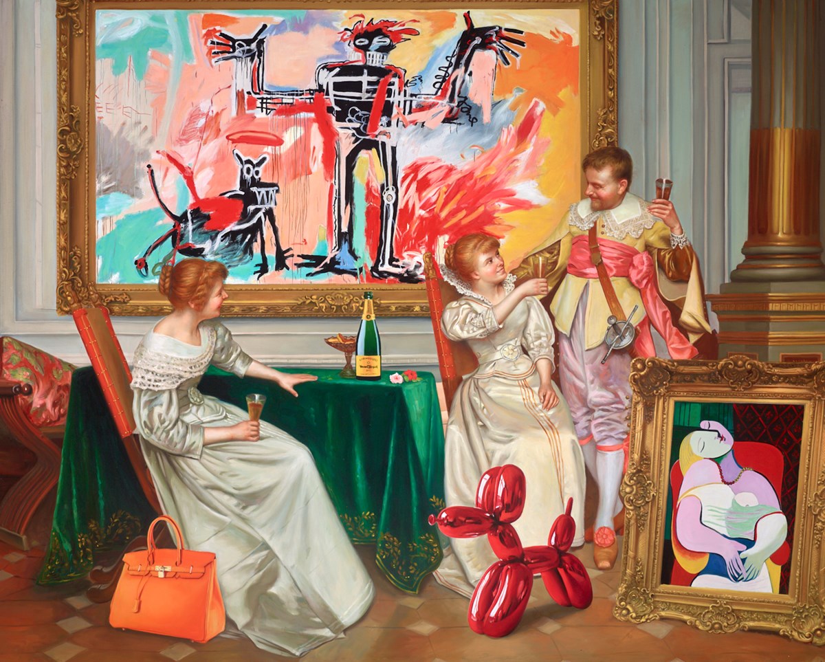 "The Art Party II" by Leo Manelli, a large-scale original painting depicting a satirical gala of classical and modern icons, available for viewing at Creed Gallery Ascot near London.