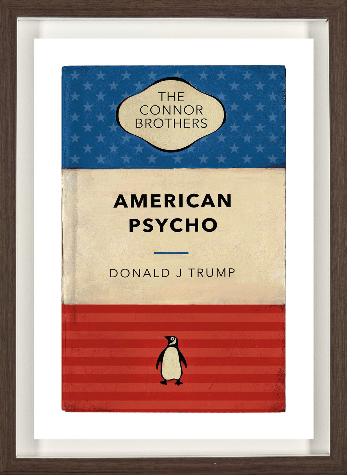 American Psycho book cover print, Donald Trump's photo replacing the author credit, red-white-blue Stars and Stripes ground