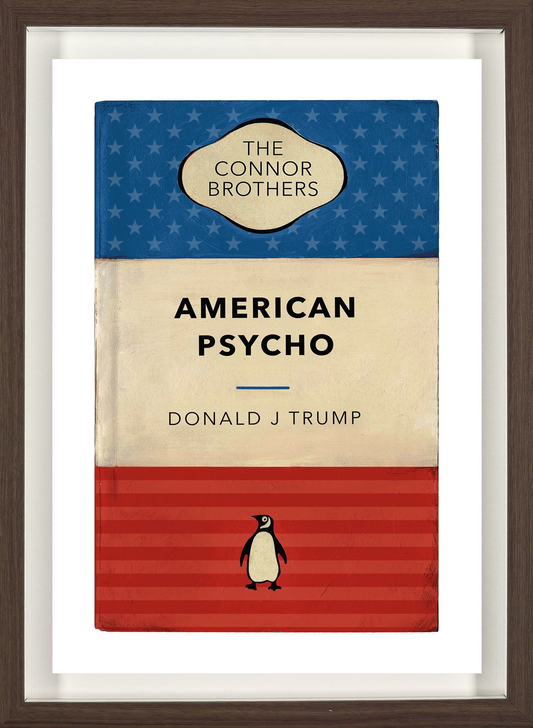 American Psycho book cover print, Donald Trump's photo replacing the author credit, red-white-blue Stars and Stripes ground