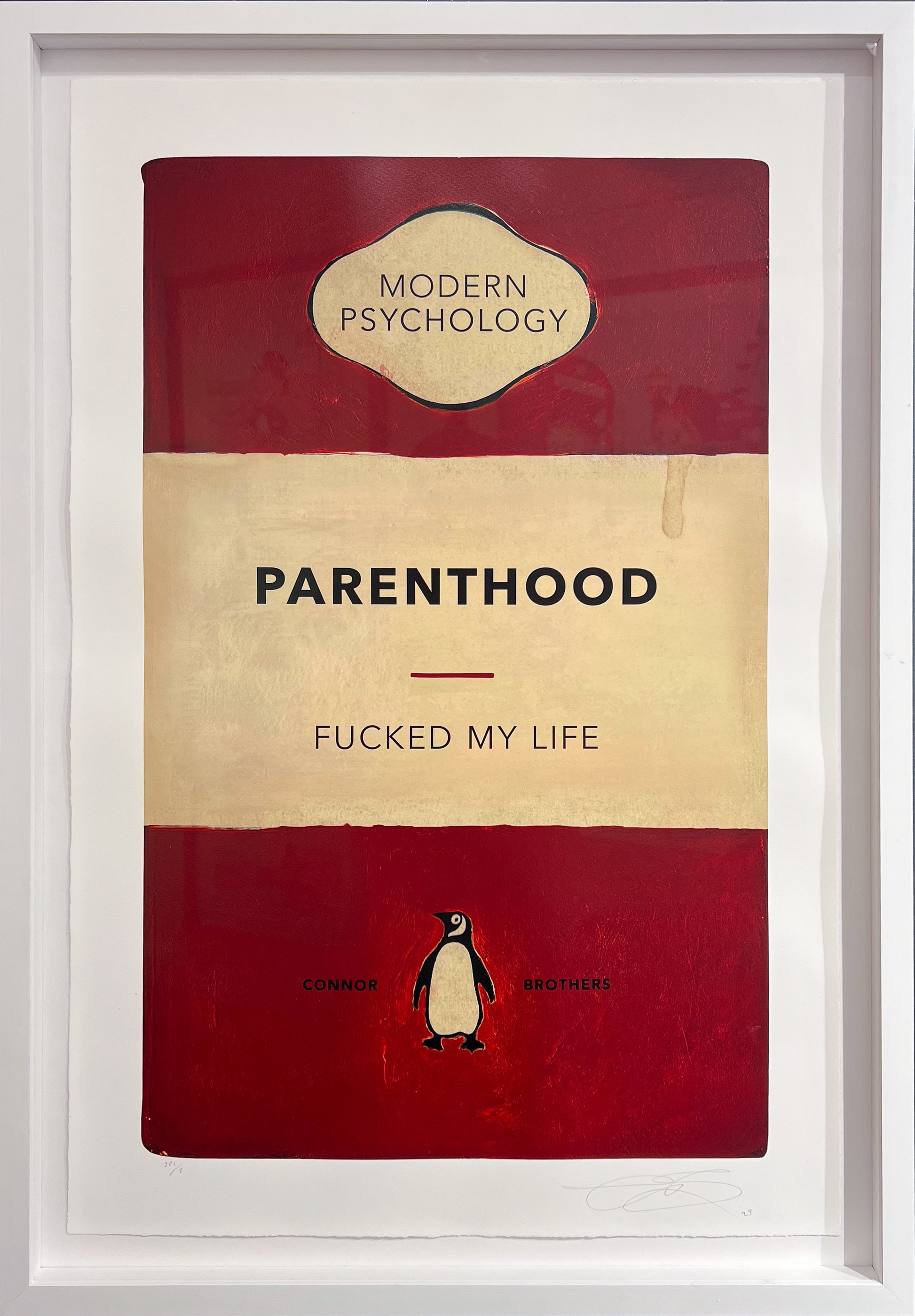'Parenthood' by The Connor Brothers, a rare hand-embellished Studio Proof in a white contemporary frame, available at Creed Gallery Ascot.