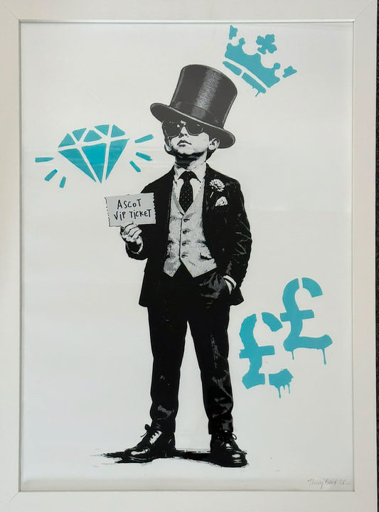 Black and white stencil of a boy in a top hat and morning suit holding an Ascot VIP ticket, with teal crown, diamond and pound sign graphics