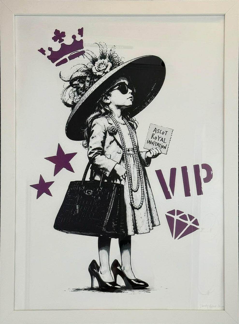 Black and white stencil of a girl in a wide-brimmed hat and sunglasses holding an Ascot Royal Invitation, with purple crown, stars and VIP graphics