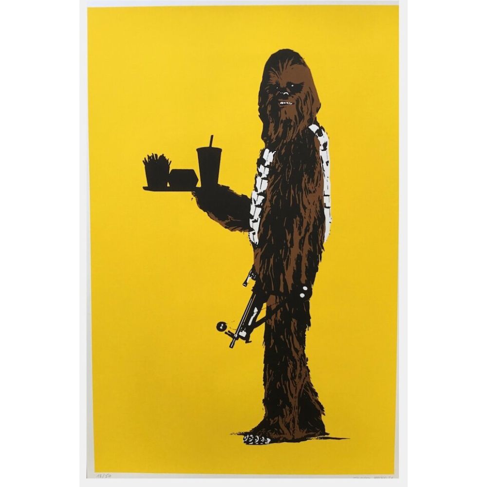 Thirsty Bstrd "Chewbacca Fast Food" signed limited edition screenprint. A satirical Star Wars pop art stencil featuring Chewbacca. Available at Creed Gallery Ascot, serving Sunningdale, Sunninghill, and Berkshire collectors.