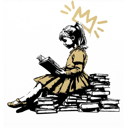 Thirsty Bstrd "Future Leader" (Gold Edition) hand-finished signed print. A satirical urban artwork featuring a child in a gas mask, ideal for contemporary luxury homes in Weybridge, Cobham, and Esher. Available at Creed Gallery Ascot.