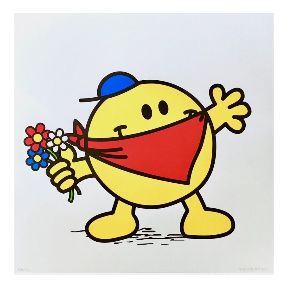 Thirsty Bstrd "Monsieur Lanceur de Fleurs" (Yellow) signed limited edition screenprint. A satirical street art stencil on a vibrant yellow background. Available at Creed Gallery Ascot, serving luxury collectors in Weybridge, Cobham, and the Wentworth Estate.