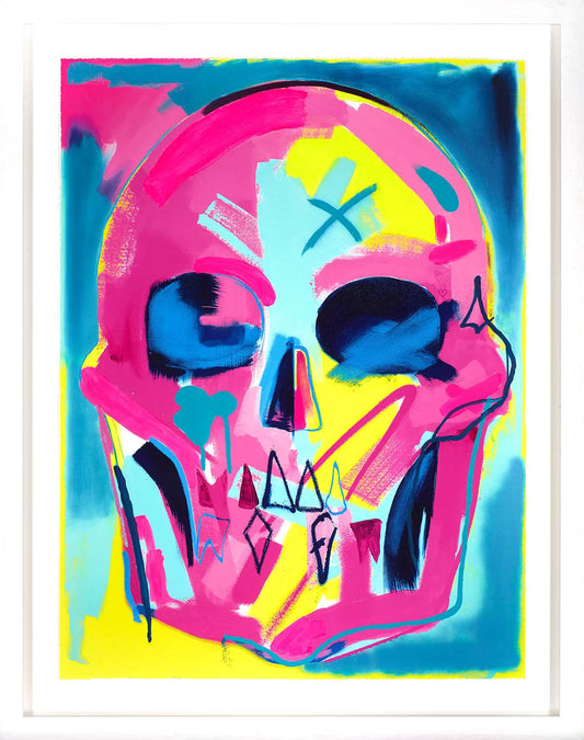 Framed limited edition artwork 'Ethereal' by artist Tim Fowler, featuring a deconstructed abstract skull with vibrant neon pink and blue tones on a dark background, available at Creed Gallery Ascot.