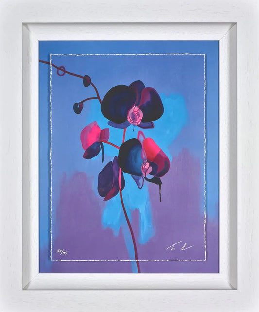 Original contemporary portrait painting titled 'Eclipse' by artist Tim Fowler, featuring a deconstructed figurative face with vibrant neon hues and architectural line work, available at Creed Gallery Ascot.