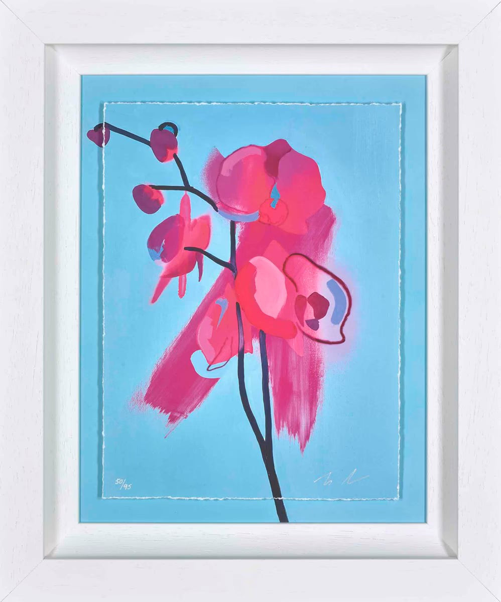 Original contemporary portrait painting titled 'Enchant' by artist Tim Fowler, featuring a deconstructed face with vibrant neon pink, blue, and yellow hues and architectural line work, available at Creed Gallery Ascot.