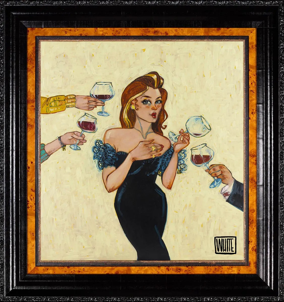 Framed Todd White "These Cost?" hand-embellished canvas. A satirical figurative painting of a glamorous woman being offered wine, ideal for luxury bars and dining rooms in the Wentworth Estate and Virginia Water. Available at Creed Gallery Ascot.