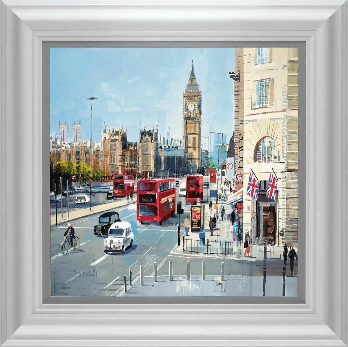Tom Butler - 'Happy Chimes' - Hand-Embellished Limited Edition. A bustling London cityscape featuring Big Ben and red double-decker buses, created using intricate mixed-media collage with crossword puzzles and newsprint, available at Creed Gallery near Windsor.