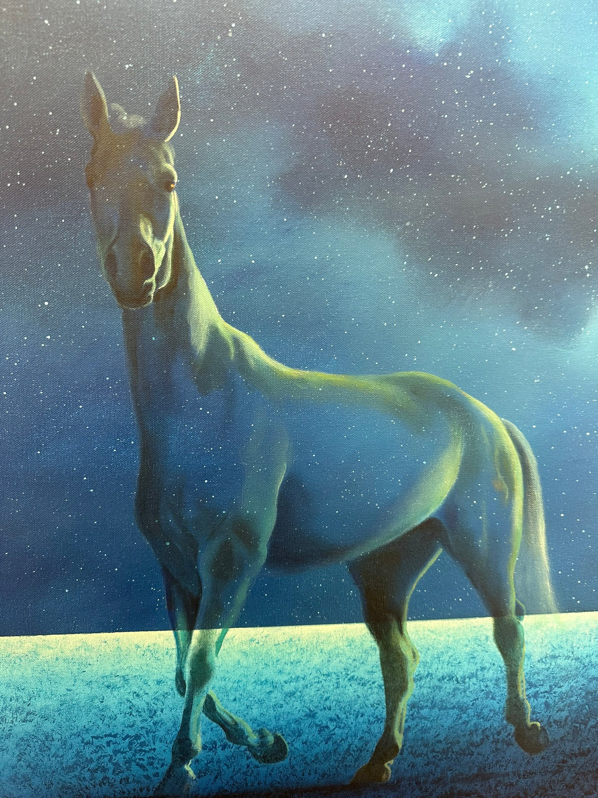 Vincent Devine 'Abundance' original painting, detail of the full horse figure in luminous blue-green tones beneath a star-filled night sky. Creed Gallery, Ascot.