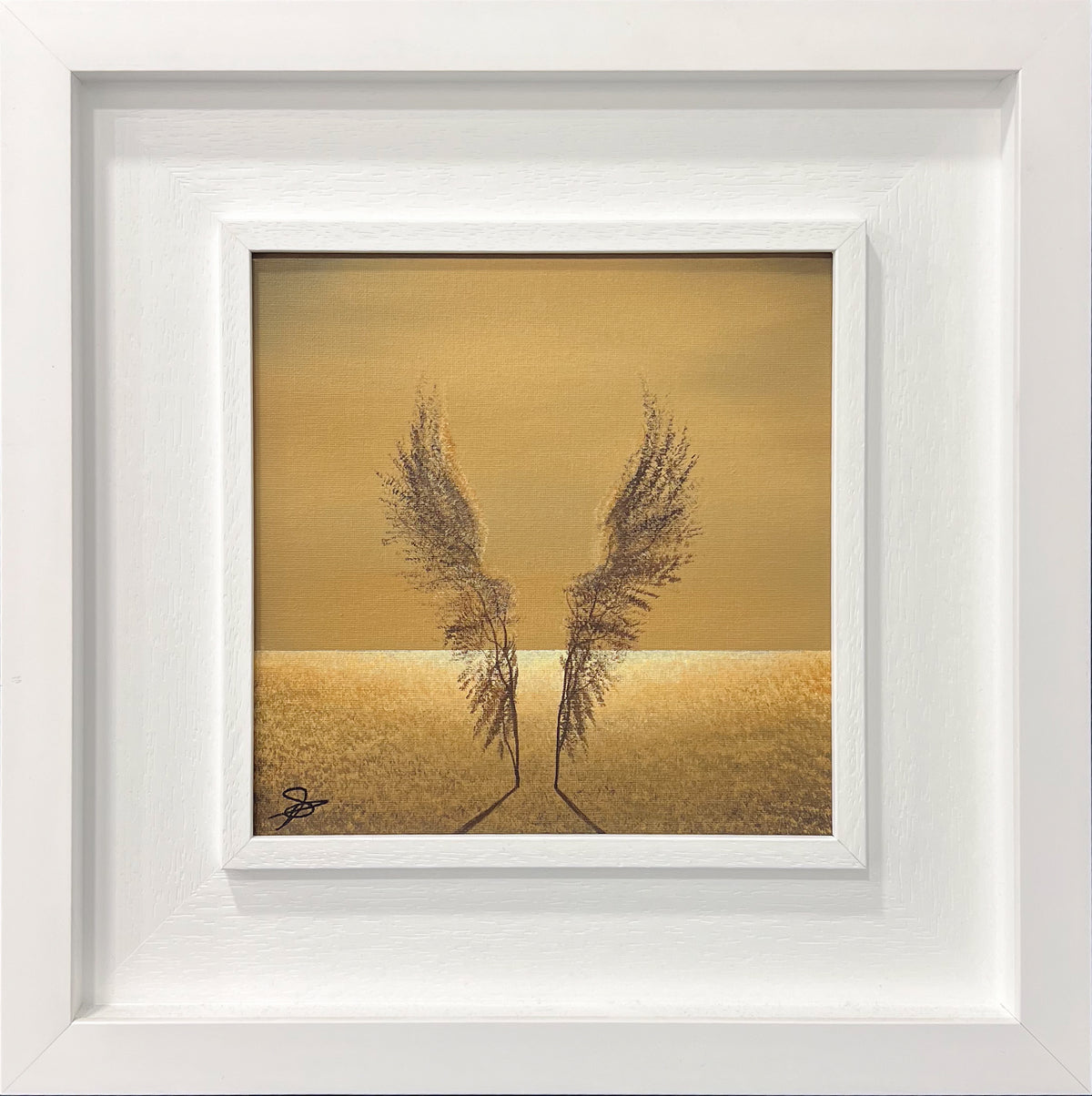 Vincent Devine Angel Wings, two trees shaped like a pair of wings on a golden field, acrylic on canvas, framed in white