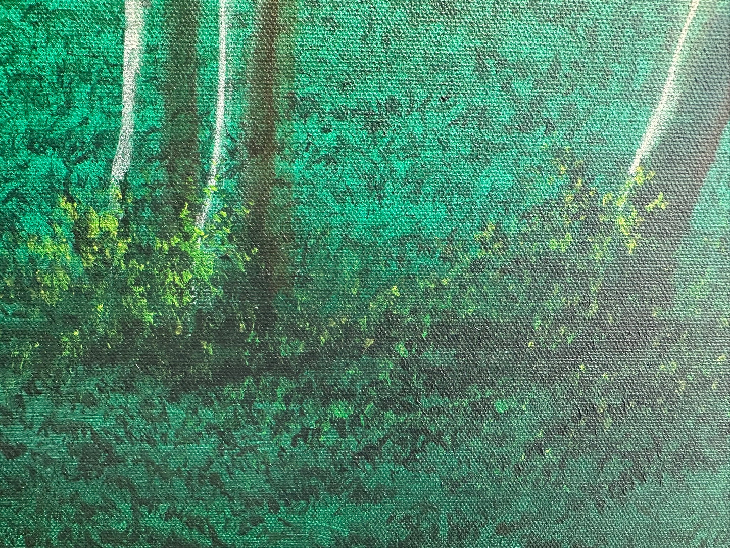 Vincent Devine 'Capella' original painting, detail of the star-filled aurora sky in deep green and teal. Creed Gallery, Ascot.
