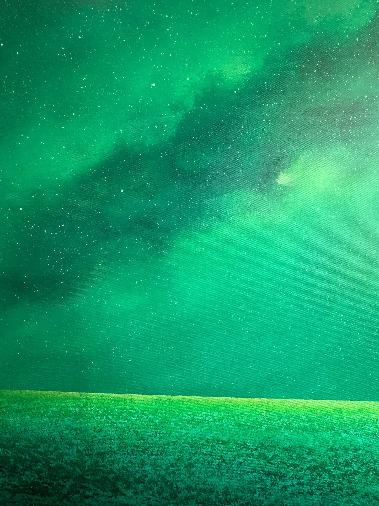 Vincent Devine 'Capella' original painting, close-up detail of the luminous green ground beneath an aurora-lit sky. Creed Gallery, Ascot.