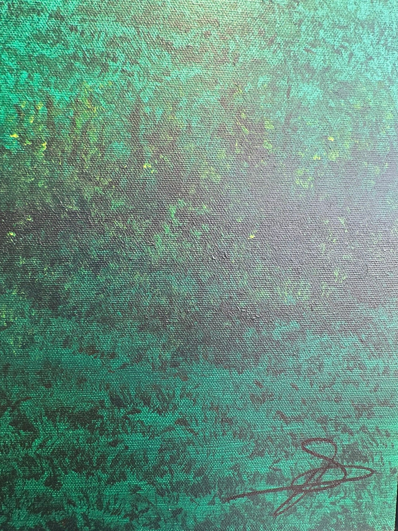 Vincent Devine 'Capella' original painting, detail showing the artist's signature in the lower right corner. Creed Gallery, Ascot.