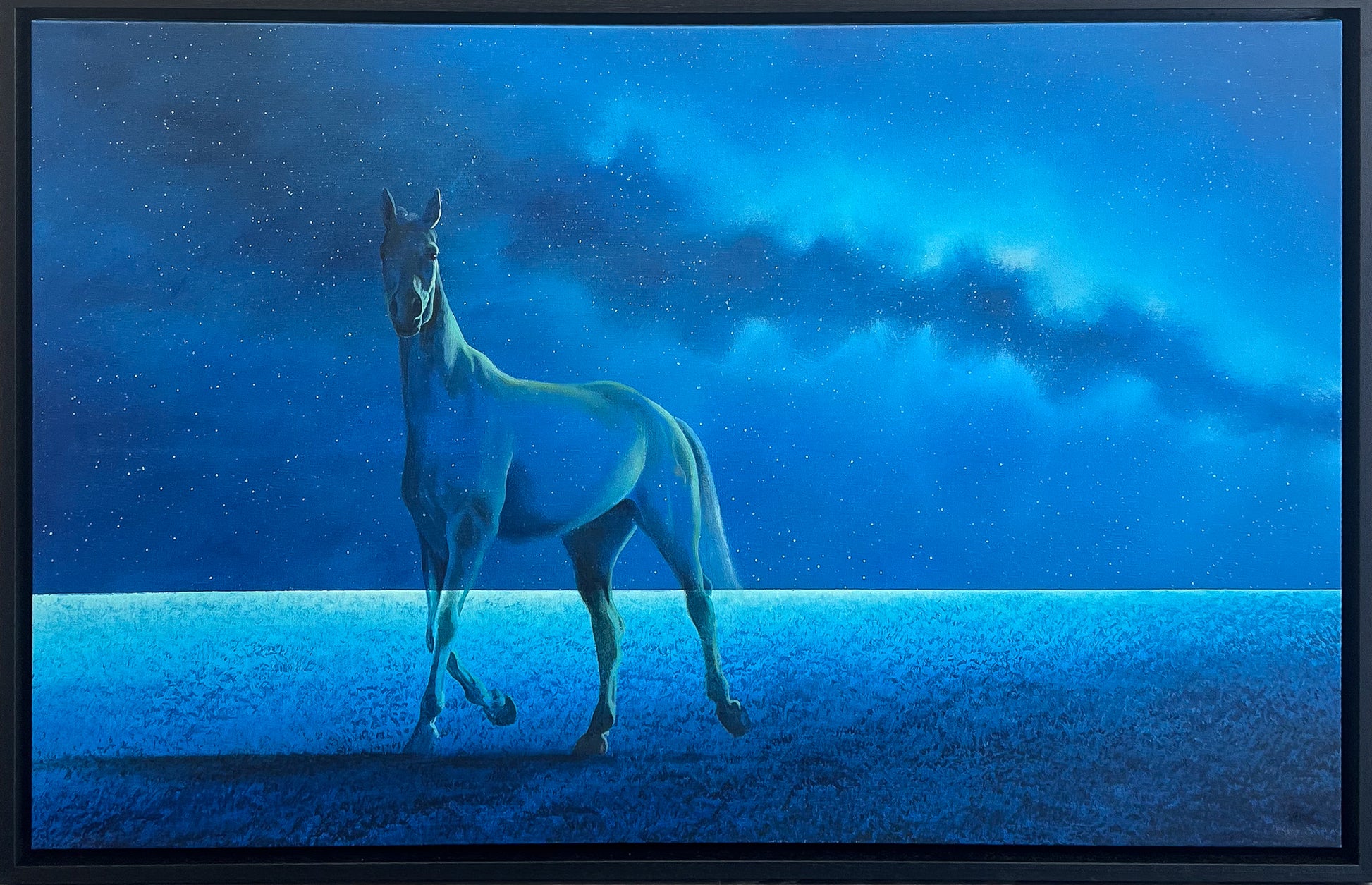 Vincent Devine 'Horse' original painting, young horse walking across a luminous blue field beneath a star-filled night sky. Creed Gallery, Ascot.