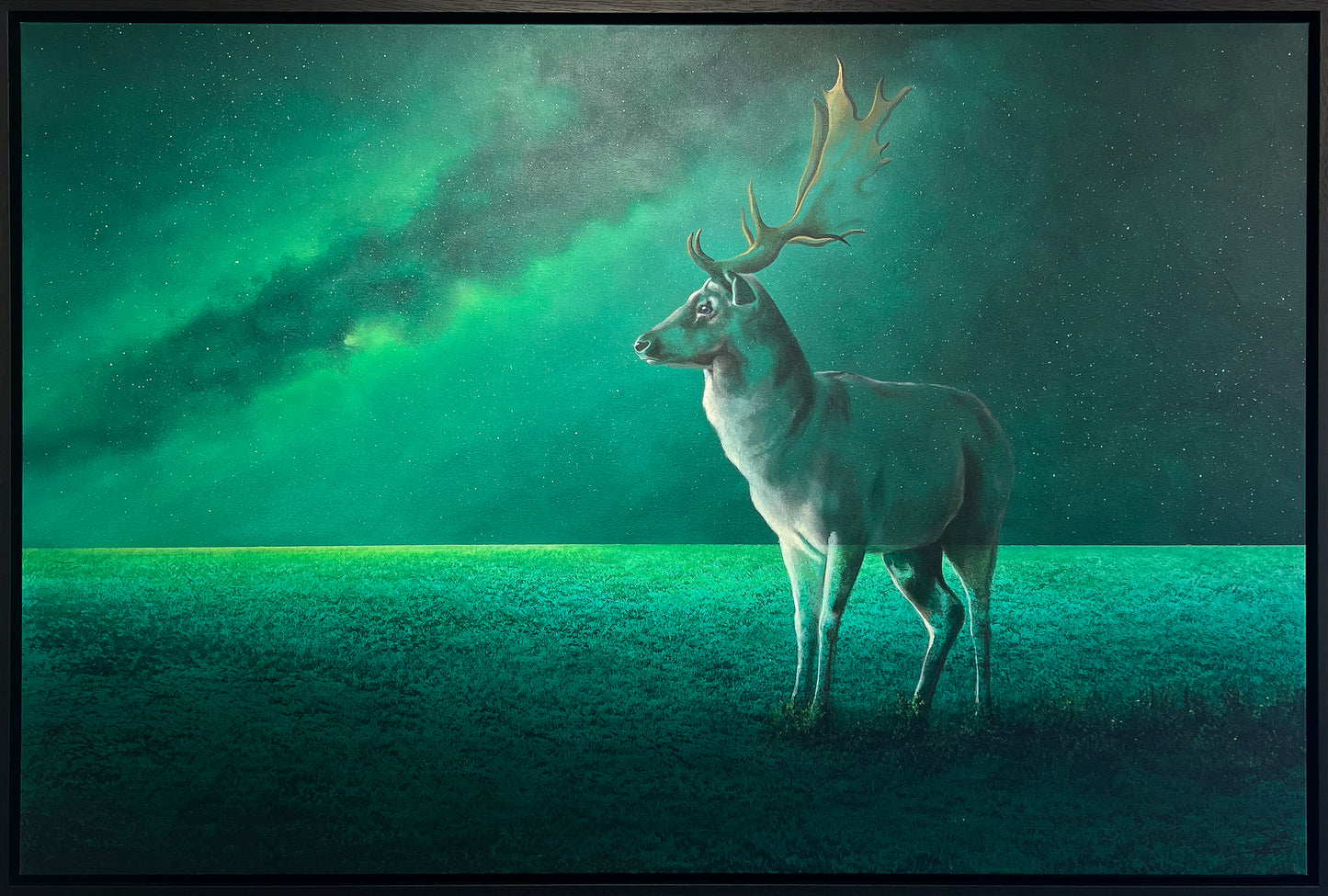 Vincent Devine 'Stag' original painting, fallow stag with gilded antlers in a glowing green landscape beneath an aurora-lit night sky. Creed Gallery, Ascot.