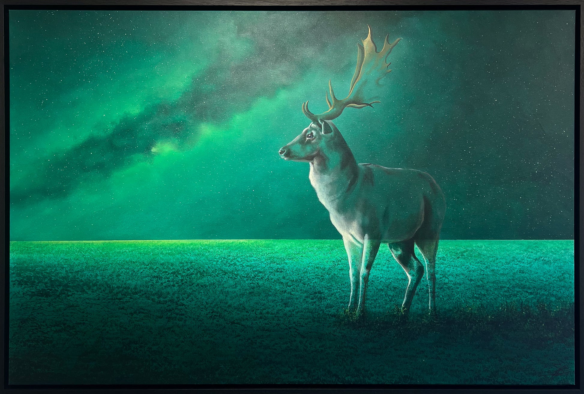 Vincent Devine 'Stag' original painting, fallow stag with gilded antlers in a glowing green landscape beneath an aurora-lit night sky. Creed Gallery, Ascot.
