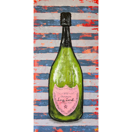 Original mixed-media canvas painting by William Richard Hylton titled 'A Jeroboam Long Lunch,' featuring a vibrant champagne bottle and glasses against a colourful, textured background.