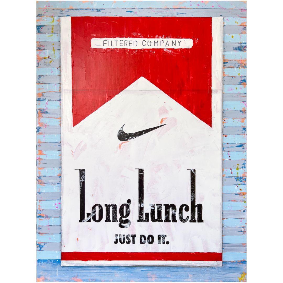 Original mixed-media canvas painting by William Richard Hylton titled 'Long Lunch JUST DO IT (Red on Blues),' featuring a satirical take on a red and blue background, available at Creed Gallery Ascot.
For Sale Surrey 