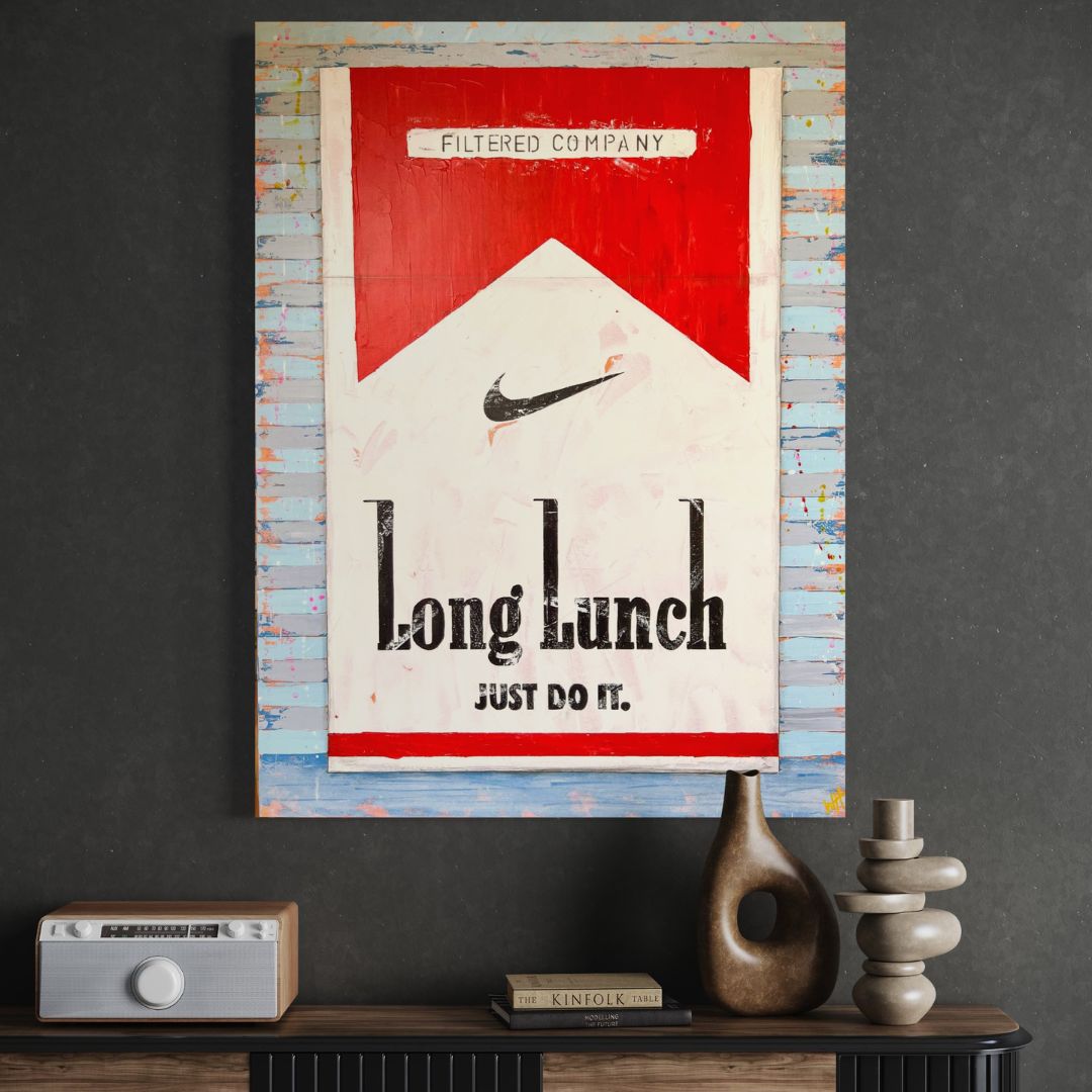 Original mixed-media canvas painting by William Richard Hylton titled 'Long Lunch JUST DO IT (Red on Blues),' featuring a satirical take on a red and blue background, available at Creed Gallery Ascot.
For Sale Surrey 