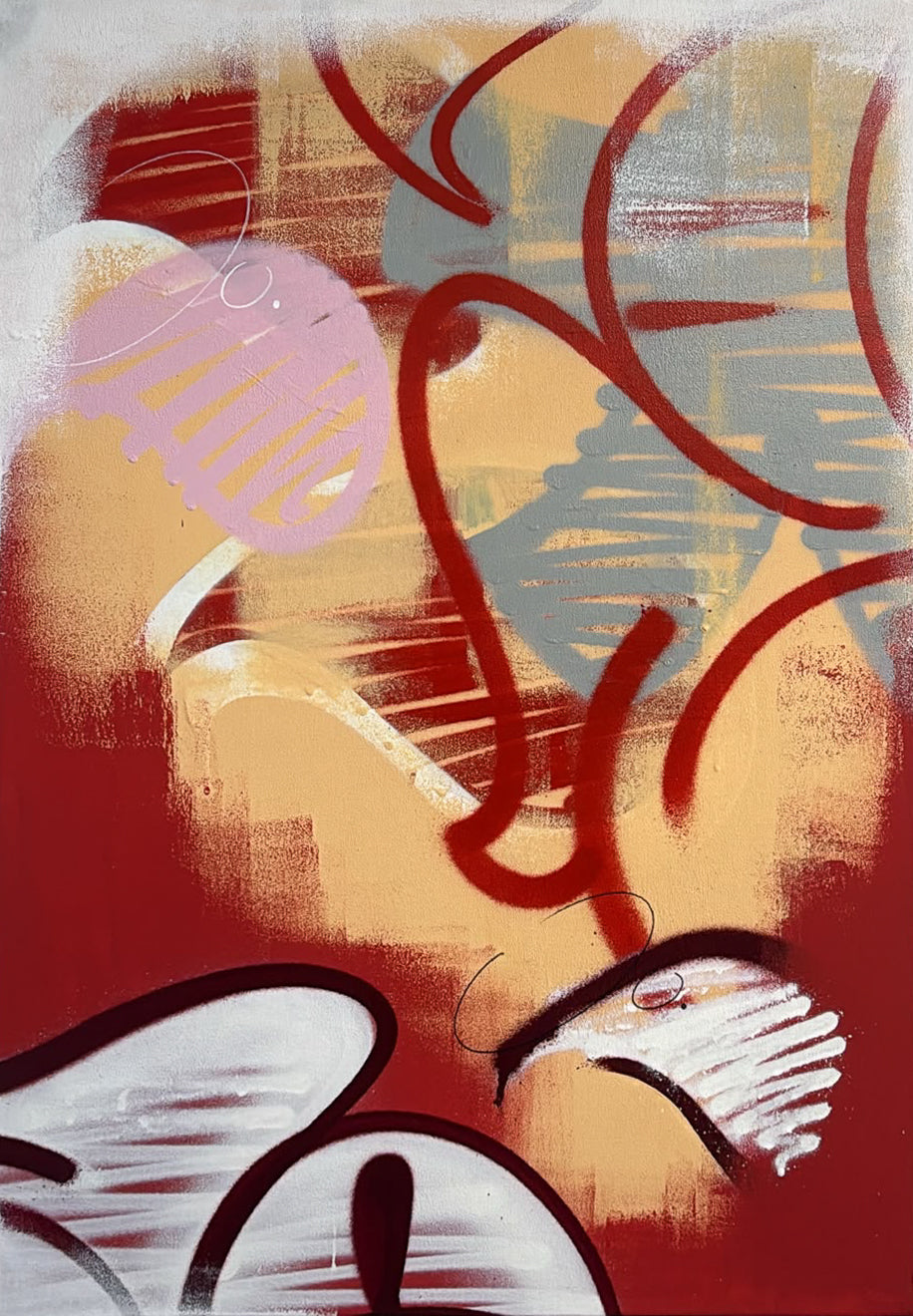 Abstract painting with sweeping red spray-paint lines, pale pink and grey forms, and white wing-like shapes on a red and ochre ground