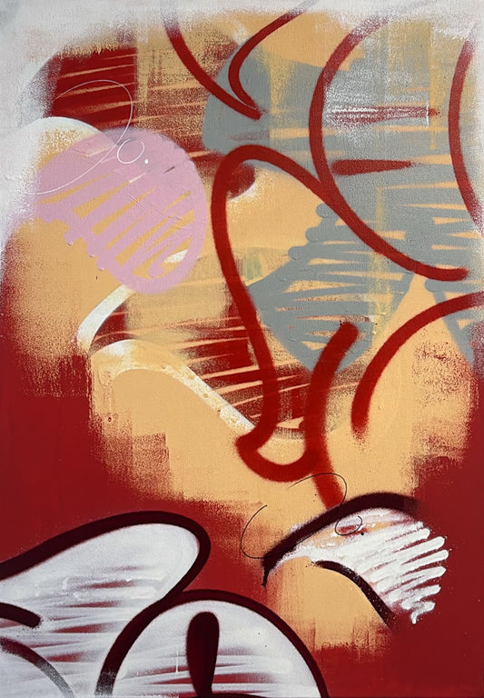 Abstract painting with sweeping red spray-paint lines, pale pink and grey forms, and white wing-like shapes on a red and ochre ground